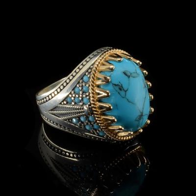 China Retro Alloy Neo-Gothic Titanium Steel Punk Turquoise Silver Stone Ring For Men for sale