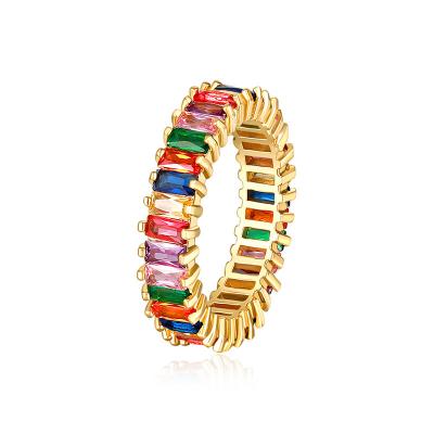 China Colorful Diamond Ring Multi Color Square Cubic High Quality CLASSIC Zircon Rainbow Eternity Wand Ring for sale