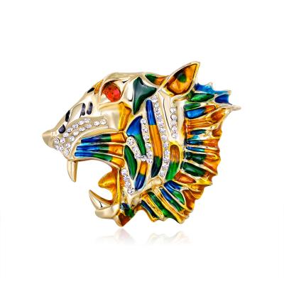 China ALLOY Retro Tiger Head Brooch Pin Alloy Inlaid With Diamond Drop Oil Animal Brooch Fashionable Personalized Costume Accessories for sale