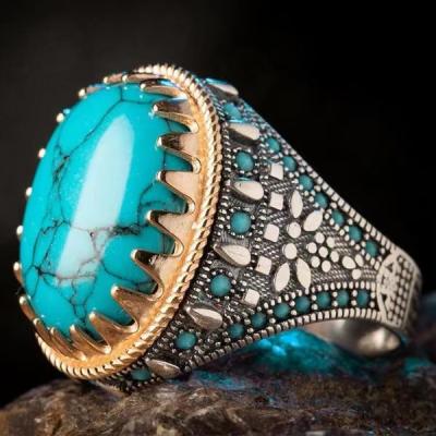 China Large Men's Vintage Neo-Gothic Punk Ring Silver and Turquoise Ring for sale