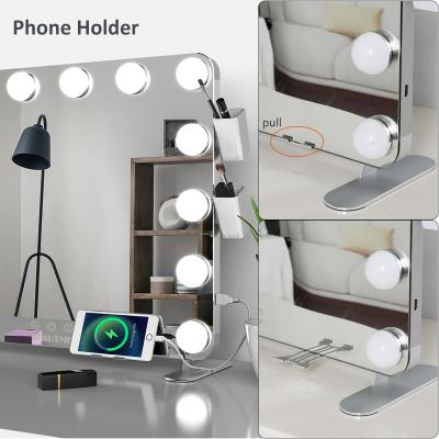 China Lighted 360 Mirror Phone Holder / Make Brush Square Dimmable Dressing Table Large Makeup Vanity LED Lights Hollywood Mirror for sale