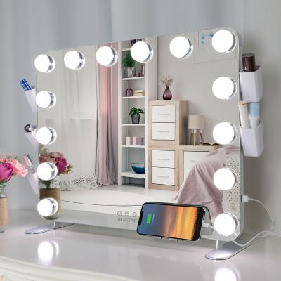 China Lighted Cosmetic Products Wholesaler Customize Dressing Table Big Hollywood Style LED Lighted Makeup Dressing Table Mirror With Brush Holder for sale