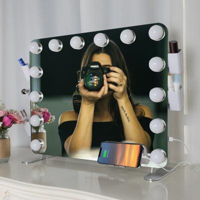 China Makeup Brush Box Girl Square Bedroom Makeup Vanity LED Lights Hollywood LED Mirror Large With USB Charging Phone Holder for sale