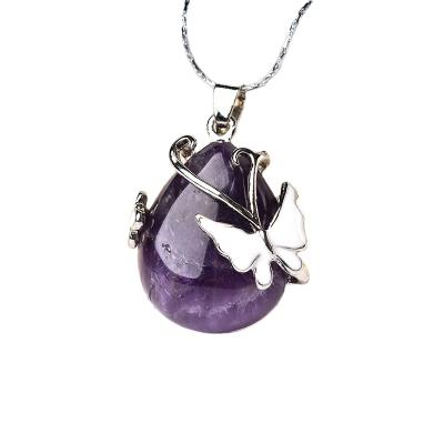 China FASHIONABLE Natural Ore Mineral Water Drop Shape Crystal Amethyst Butterfly Pendant For Ladies Jewelry for sale