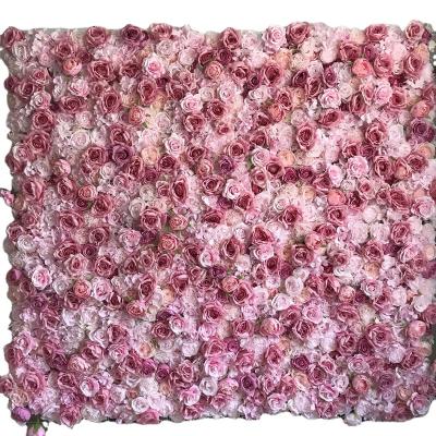 China Wholesale Custom 3D Pink Flower Head Roll Up Decorative Rose Backdrop Silk Artificial Flower Wall Wedding Party Decoration Supplies for sale