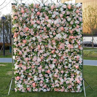 China 3d Roll Up Artificial Silk Rose Home Wedding Party Backdrop Flower Wall TONGFENG Decoration Dry Flower Fabric 3D Roll Up Wall for sale