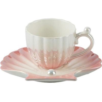 China Viable Gradient Pearl INS Shell Household High Value Afternoon Tea Cup And Saucer Design Exquisite Ceramic Coffee Cup Set for sale