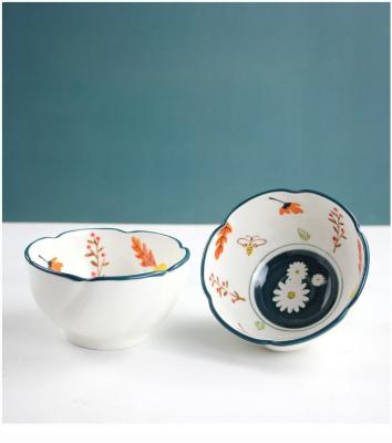 China Sustainable Food Grade Lacery Stoneware Soup Bowls Customized Daisy Flowers Design Ceramic Deep Bowls for sale