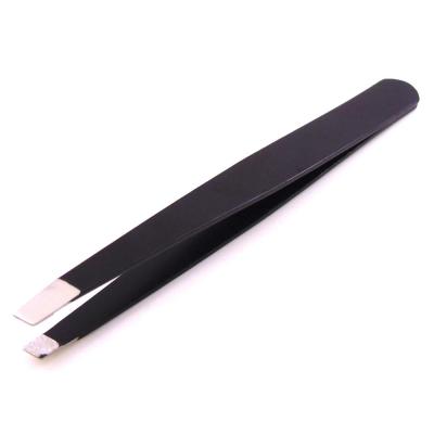 China Eyebrow Private Label Stainless Steel Black Slanted Logo Tip Eyebrow Tweezers Trim for sale