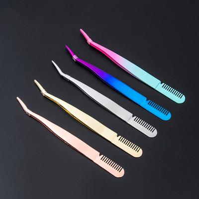 China New Arrival Custom Logo Stainless Steel Colorful False Eyebrow Eyelash Extension Tweezers With Comb for sale