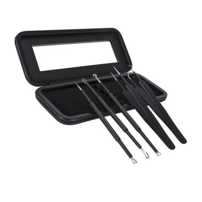 China Acne Treatment Stainless Steel Blackhead Tweezers 5pcs Black Acne Pimple Extractor Set for sale