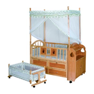 China Solid wood manufacture wholesales multifunctional wooden baby bed with swing baby crib for sale