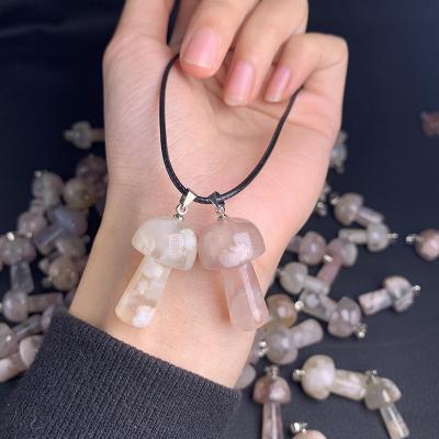 China Mateiral Natural Cherry Blossom Agate Gemstone Mushroom Shape Gift Open Crystal Point Pendant Necklace for sale