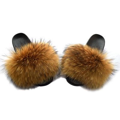 China Factory direct wholesale custom made real logo slides fashion trend real fox raccoon fur slippers for women for sale