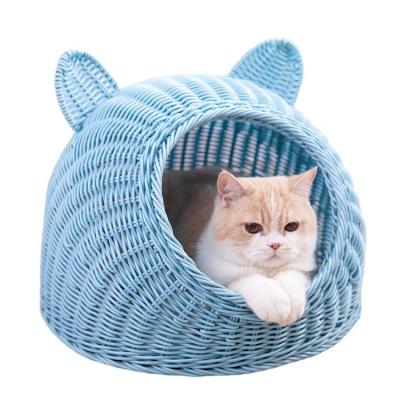 China Viable Dog Cat Kennel In Home Replaceable Covers Partially Enclosed Villa Cat Nest House Dog Bed Generic Handmade Rattan Woven Pet Villa for sale