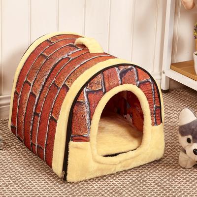 China Crystal Velvet Sustainable Self-Warming 2 in 1 Foldable Cave House Shape Nest Pet Sleeping Bed for Cats and Small Dogs for sale