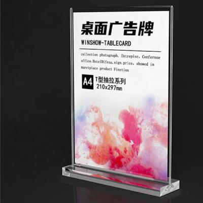 China Supermarket Custom A3 A4 A5 Acrylic T Shape Double Sided Table Top Display Stand Sign Holder for sale