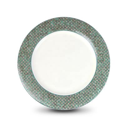 China Sustainable Green Pattern Porcelain Round Dishes 8' 10.25' Inch Restaurant Used Ceramic Bone China Dinner Plate for sale