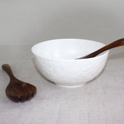 China Sustainable Porcelain Bone China White Ceramic Bowl Customized Embossed White Salad Bowl With Wooden Spoon And Fork for sale