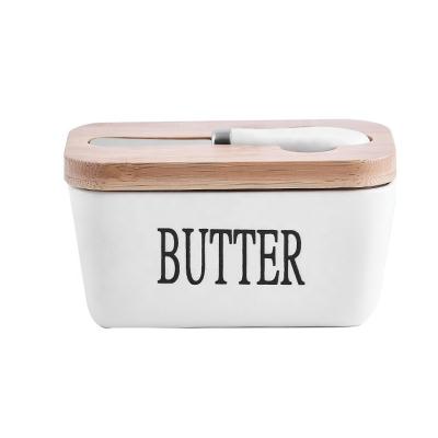 China Viable Rectangle Butter Container Box Ceramic Airtight Butter Dish With Wooden Lip And Knife for sale