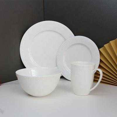 China Viable Wholesale High End Quality Fine Bone China White Ceramic Embossed Beadpoint Dinner Set Fine Tableware for sale