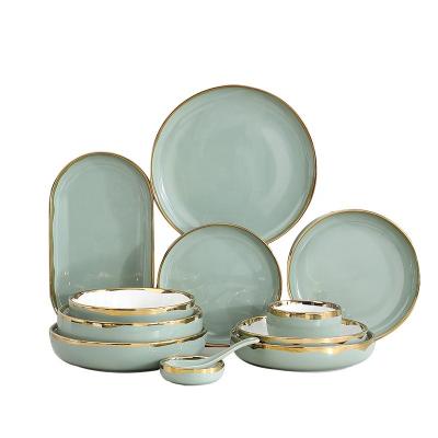 China Viable Wholesale Homeware Porcelain Dinner Set Design Light Green Royal Dining Table Sets Party Tableware With Gold Rim for sale