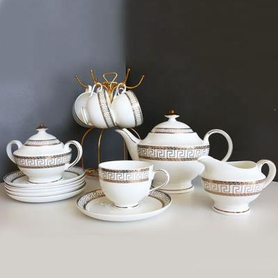 China Viable Fine Ethiopia Porcelain White And Gold Rim Teapot Set Cup And Saucer Sugar Pot Milk Jug Set Bone China Coffee And Tea Set for sale