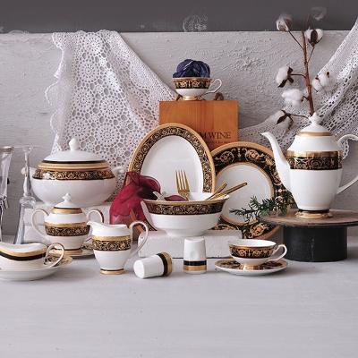 China 17 PCs Classic Luxury European Rim Style Bone China Wedding Tea And Coffee Set Viable Fine Bone China Tea Set Gold Tea Set for sale