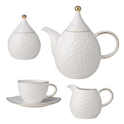 China Sustainable Hot Selling Bone China Teacup Set White Porcelain Embossed Bone China Gold Hammered Classic Tea Set for sale