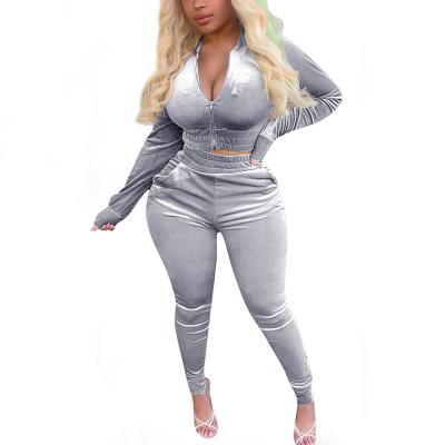 China Breathable Velvet Gold Two Piece Outfits Casual Zipper Tracksuit For Women for sale