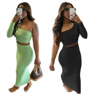 China Anti-pilling Women One Shoulder 2 Piece Skirt Summer Sets Top Fashionable Sets For Women Clothing for sale