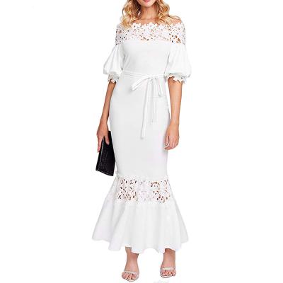 China Boutique Party Maxi Dress Guipure Lace Panel Anti-Static Self Belted Maxi Dress Women Trumpet for sale