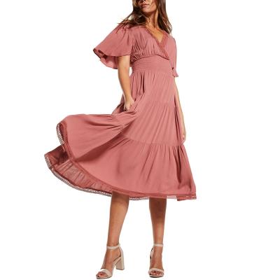 China Lace Trimming Flutter Sleeve Pink Anti-Static Dress Bubbled Waist V-Neck Midi Dress for sale