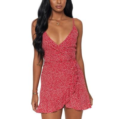 China Anti-Static Red Polka Dot Wrap Dress Adjustable Straps Ruffled Hem Short Dress for sale