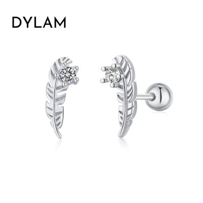 China CLASSIC/OFFICE/TRENDY Dylam New 925 Sterling Silver Feather Studs Earrings for Women Wholesale Fashion Single Tiny CZ Zirconia Earring for sale