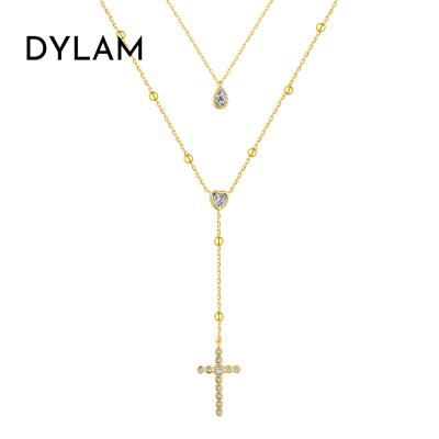 China CLASSIC Dylam Personalized Womens 925 Sterling Silver Gold Plated 18k Cross Necklace Hip Hop Cross Double Layer Pendants for sale