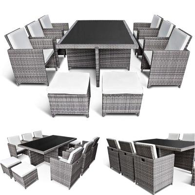 China Stable Durable 11pcs Outdoor Restaurant Patio Garden Dining Set With Stool Rattan Table Chair Set for sale