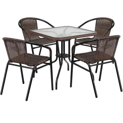 China Durable Stable Waterproof Polyresin Garden Outdoor Patio Table 5pieces Tempered Glass Dining Rattan Set for sale