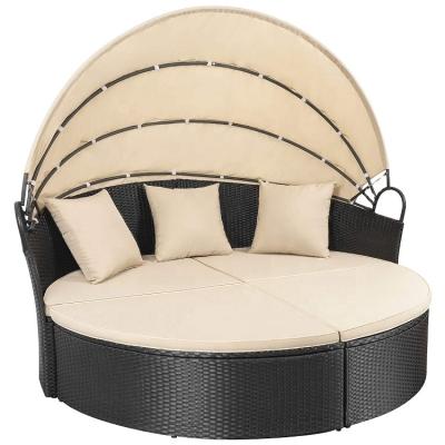 China Outdoor Durable Stable With Canopy Set Wicker Tan Rattan For Round Oversized Two Daybed Relaxing Sunbed for sale