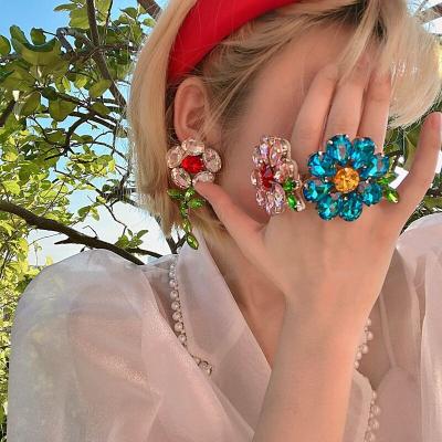 China 2022 New Summer Fashion Flower TRENDY Colorful Big Diamond Earrings Ring Jewelry For Women for sale