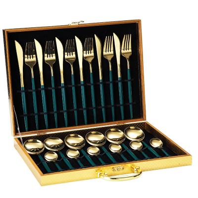 China Viable 24 Piece Stainless Steel Gold Silver Green Black Cutlery Set Silverware With Wooden Case Amazon Hot Wholesale for sale