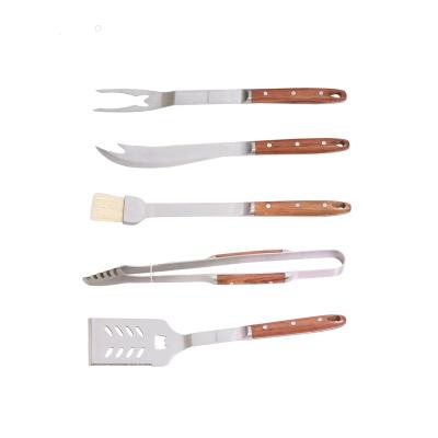 China Rosewood Luxury Color Easily Cleaned Wooden Handle Heavy Duty Deluxe Stainless Steel BBQ Grill Tool Kit 5 Pieces for sale