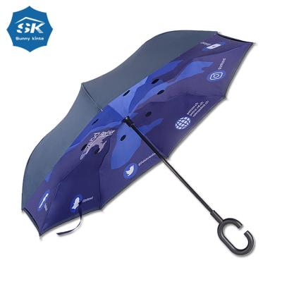 China Minimalist Automatic Open Self Standing Blue Layer Double Inverted Umbrella With C Handle for sale