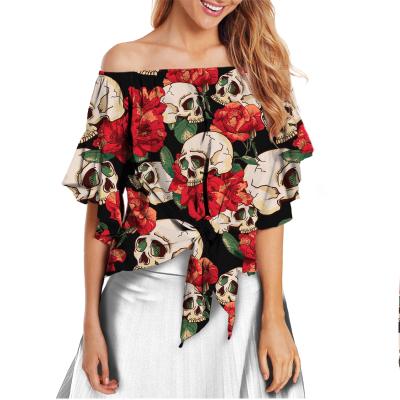 China Breathable Plus Size Sugar Skull Tops And Blouses For Women Ladies Elegant Female Summer Off The Shoulder Shirt Top Tie Know T Shirts for sale