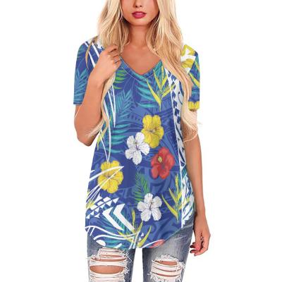 China Hawaii Hibiscus Pattern V-Neck T-shirt Women Summer Tropical QUICK DRY Shorts Sheath Tops Shirt Casual Loose Wholesale With Custom Printing for sale