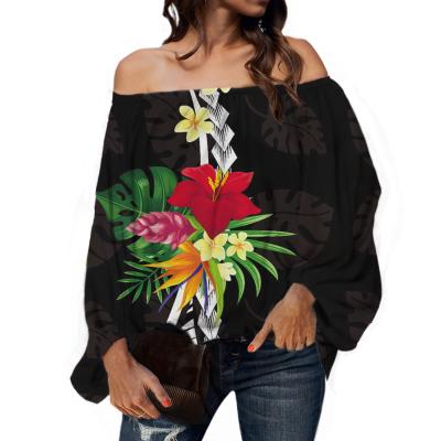 China Lantern Print Flower Women Blouse Anti-pilling Loose Oversized Off-the-Shoulder Sleeve Chiffon Black Hawaiian Tropical Shirts Ladies T-Shirts for sale