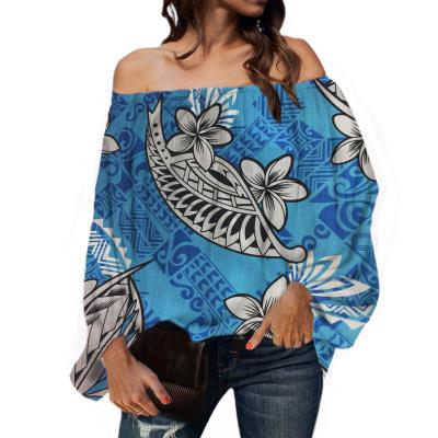 China Anti-pilling Blue Polynesian Samoan Tattoo With Floral Print Off The Shoulder Lantern Sleeve Blouses Shirts For Women Plus Size Women Clothing for sale