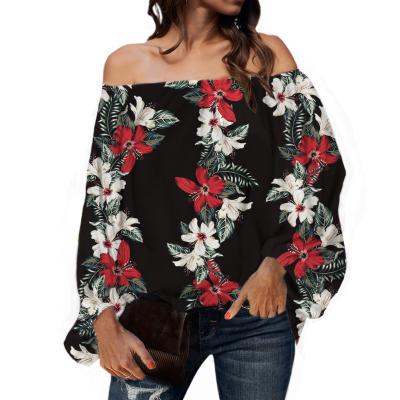 China Anti-pilling Off The Shoulder Tops For Women Tropical Hawaiian Flower Printed Girls Black Summer Ladies Casual Chiffon Blouse Shirts Tops for sale