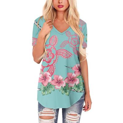 China Stylish QUICK DRY Hawaii Hibiscus Tribal Flower Turtle Print Tops Summer T Shirts For Women Slim Fit Feminine Ladies Short Sleeve Tees for sale