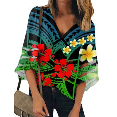 China Breathable Unique Polynesian Tribal Shirts For Women Blouses Tops Trend Summer V-Neck Chiffon Mesh Panel Bell Sleeve Hawaiian Blouse for sale